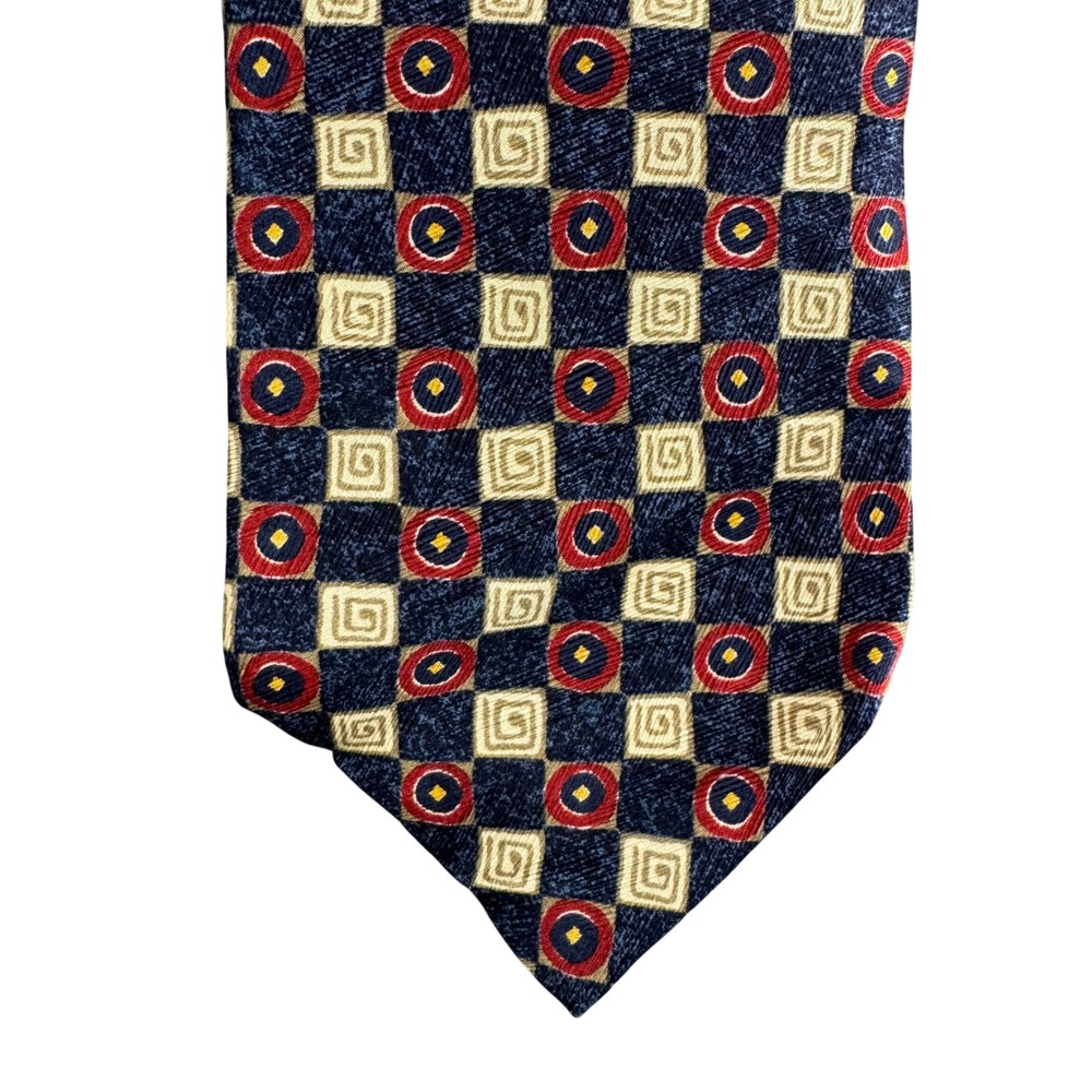 AKA Eddie Bauer Mens Silk Tie Navy Blue Red Geometric Checkerboard Made in USA